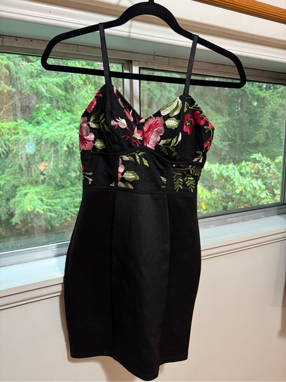 BCX Black Mini Dress with Pink & Green Floral Embroidery